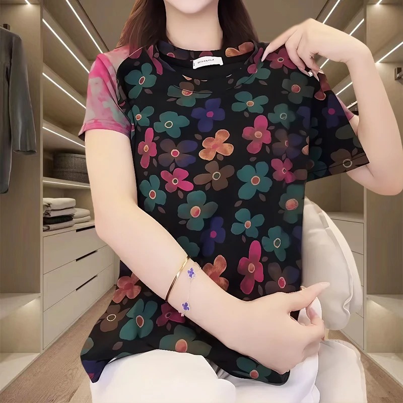 T-shirt en coton à imprimé floral pour femme, col rond, style rétro décontracté, manches courtes