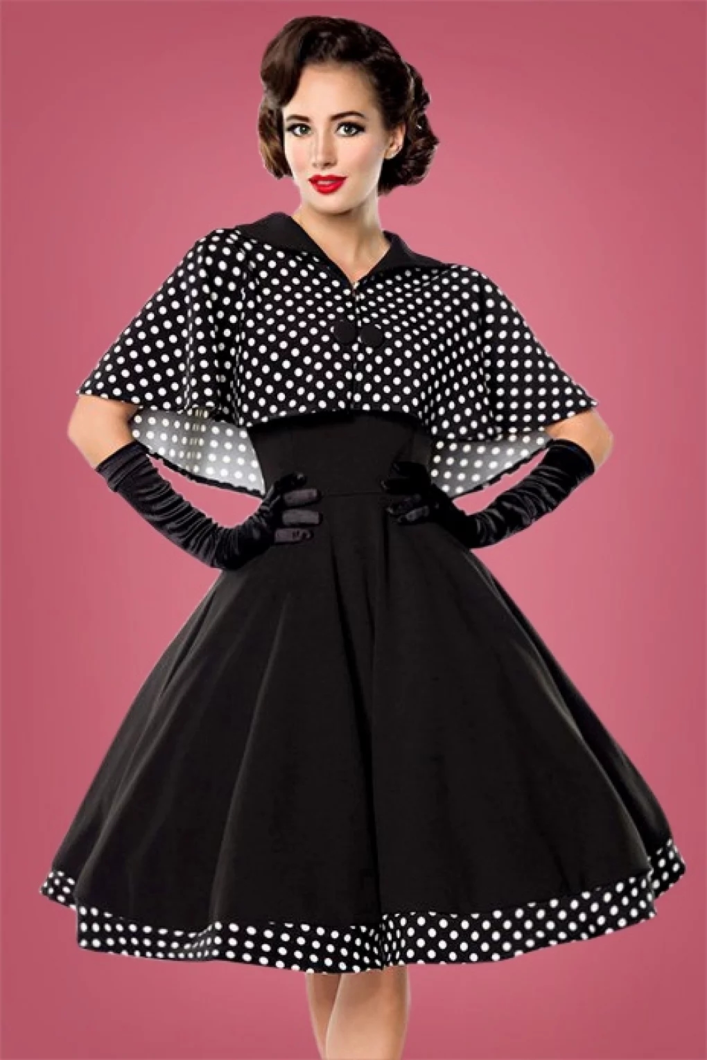 Tenues pour femmes, robe vintage à pois des années 1950, robe longue à manches longues, cape et robe trapèze, ensemble deux pièces, Vestido