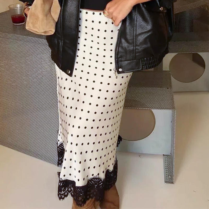 Jupe midi élégante en satin blanc à pois pour femme, avec patchwork de dentelle, taille haute, coupe ajustée, longue, collection été 2026, décontractée, pour le bureau et le streetwear