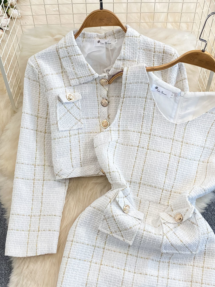 Manteau court à manches longues pour femmes, veste en tweed bleu chic, robe imbibée, glafur s élégant, coréen de luxe, automne, ensemble 2 pièces