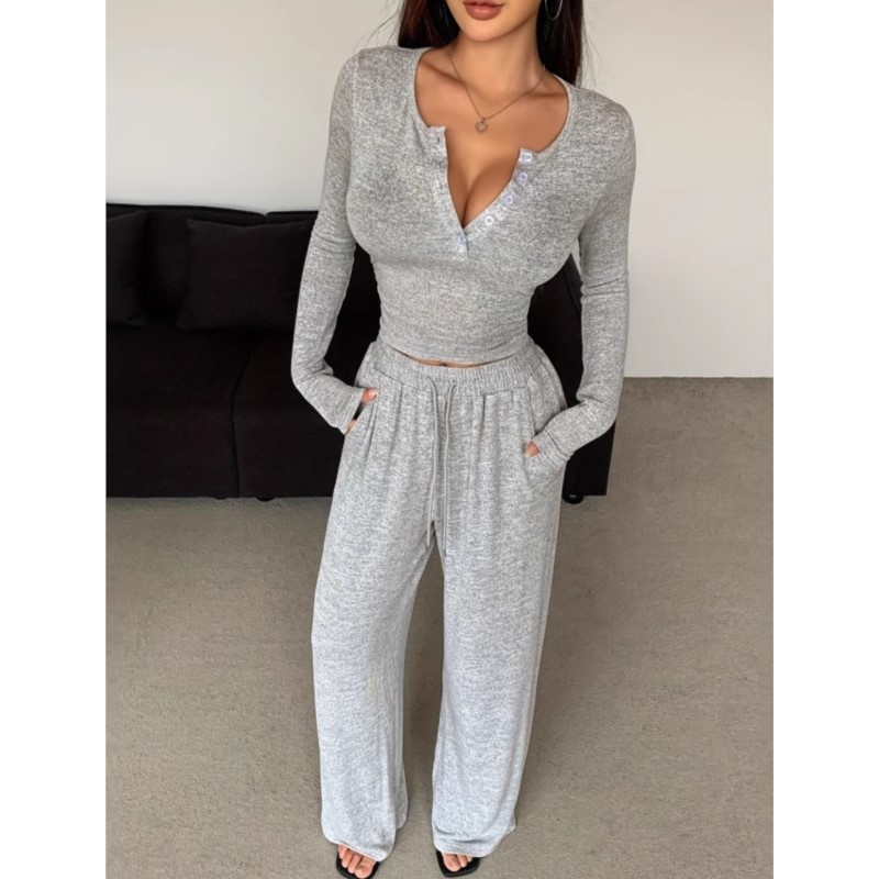 Ensemble 2 pièces pour femme, tenue décontractée et élégante, haut à manches longues boutonné de couleur unie, pantalon taille haute, printemps automne