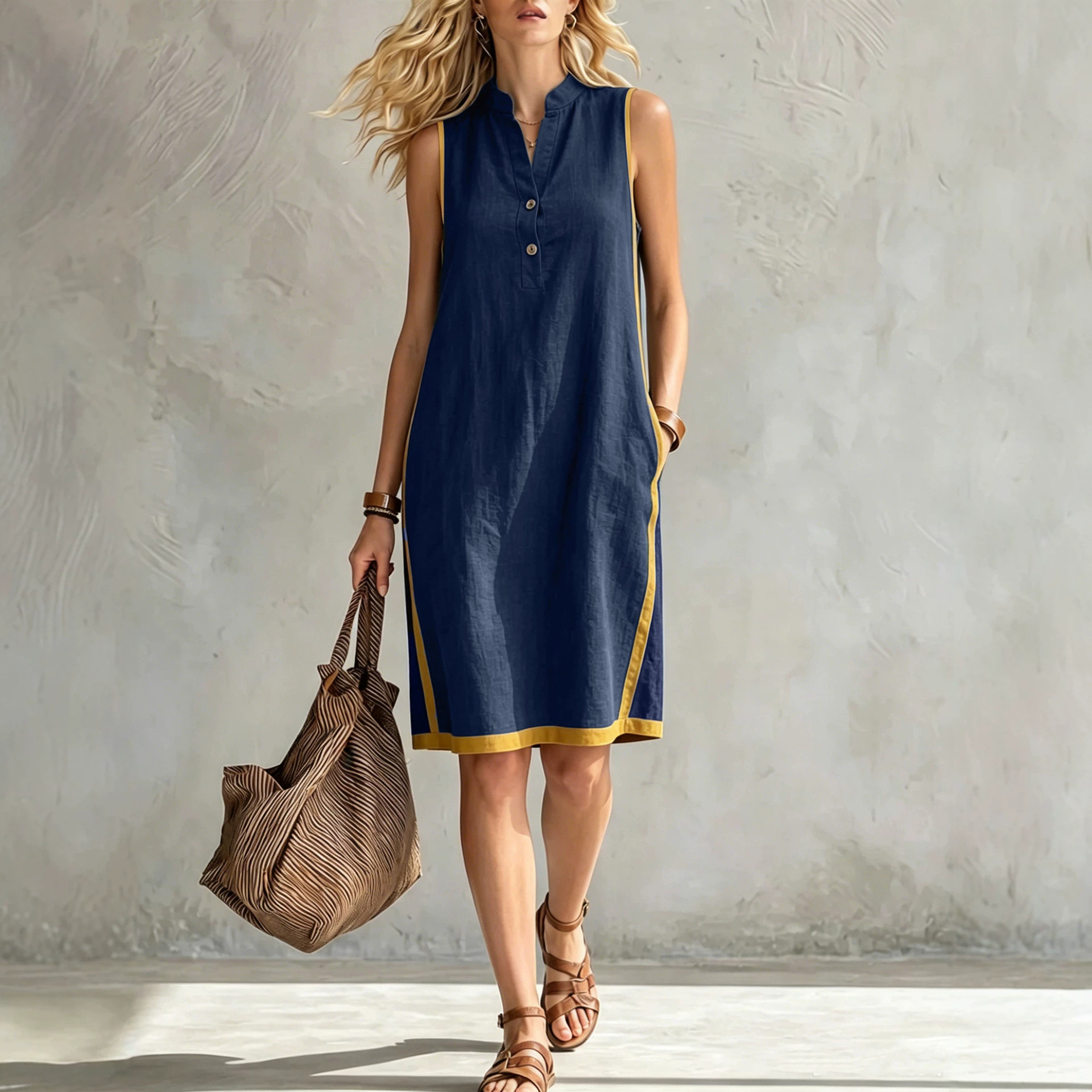 Robe décontractée mi-longue sans manches en coton et lin pour femme, col en V, demi-fermeture, avec bordure jaune contrastante