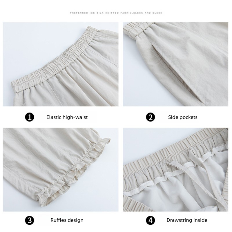 Pantalon coréen tendance à volants pour femme, coupe lanterne, ample, longueur cheville, jambe large, taille élastique unie, décontracté, pour l'été