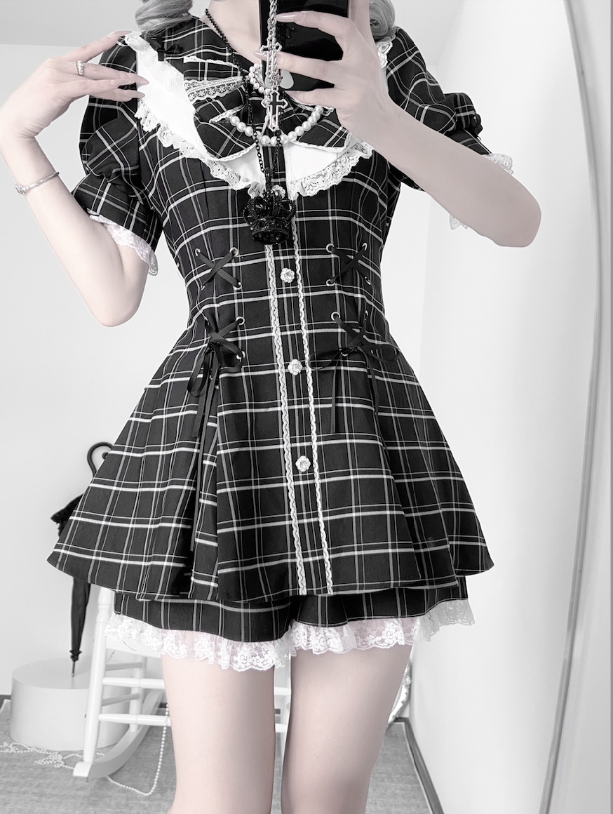 Robe Lolita style Jirai Kei Kawaii avec nœud pour femme, jupe Y2K noire et rose, tenue à manches courtes en dentelle, uniforme scolaire japonais
