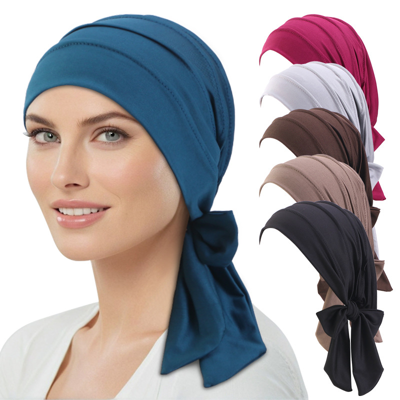 Nouveau chapeau foulard à longue queue de couleur unie femmes chapeau de chimio casquette de base respirante foulard musulman chapeau