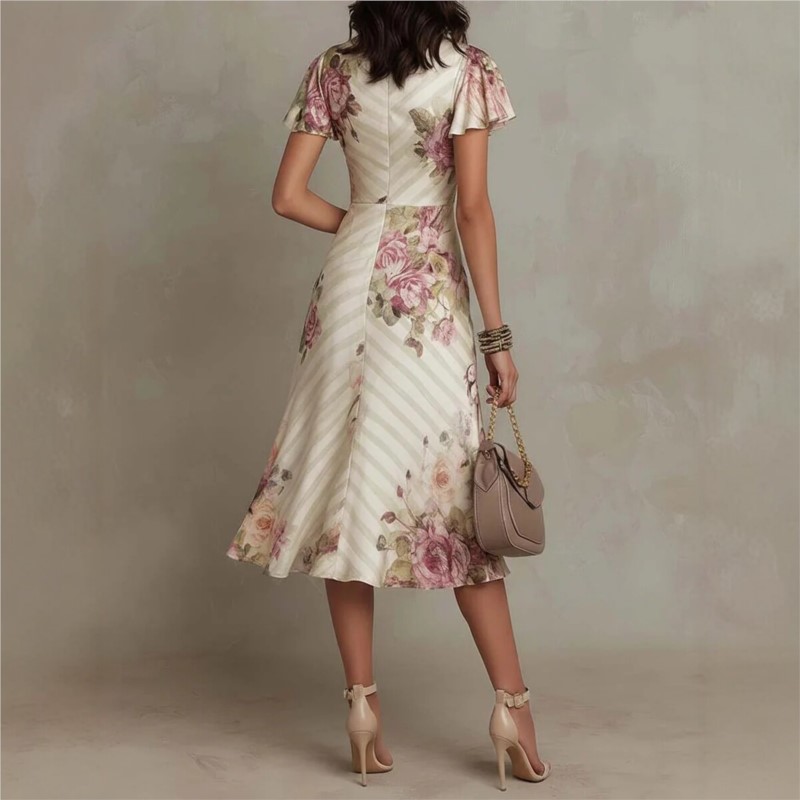 Robe longue élégante à imprimé floral style bohème pour femme, col en V, taille haute, robe de soirée, robe maxi à manches courtes avec fermeture éclair, robe d'été, Vestido
