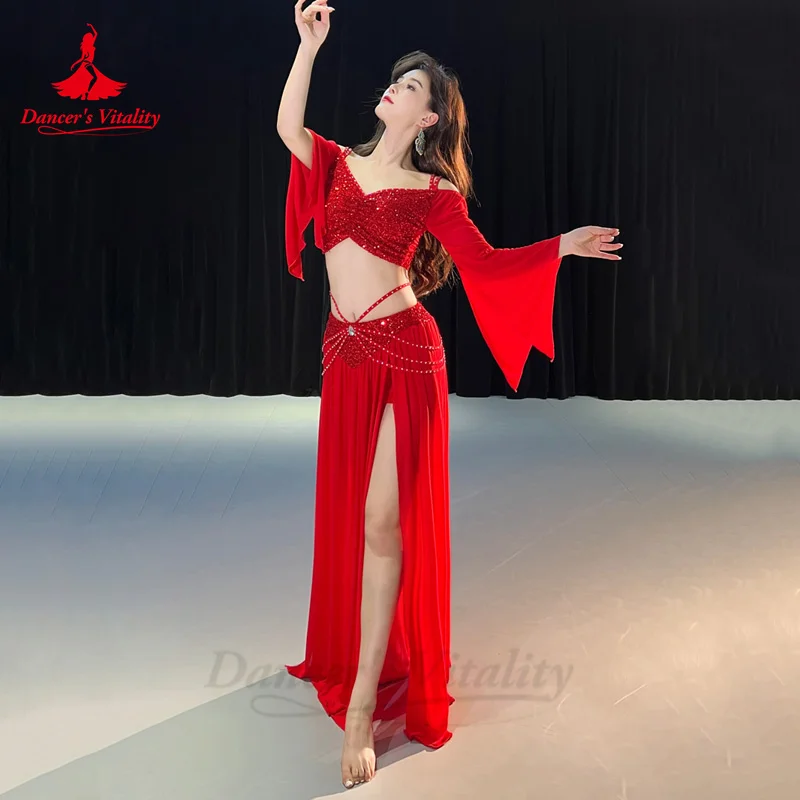 Ensemble de costumes de danse du ventre pour femmes, haut à manches longues en maille + jupe longue en gaze, ensemble d'entraînement 2 pièces, tenue de danse du ventre orientale