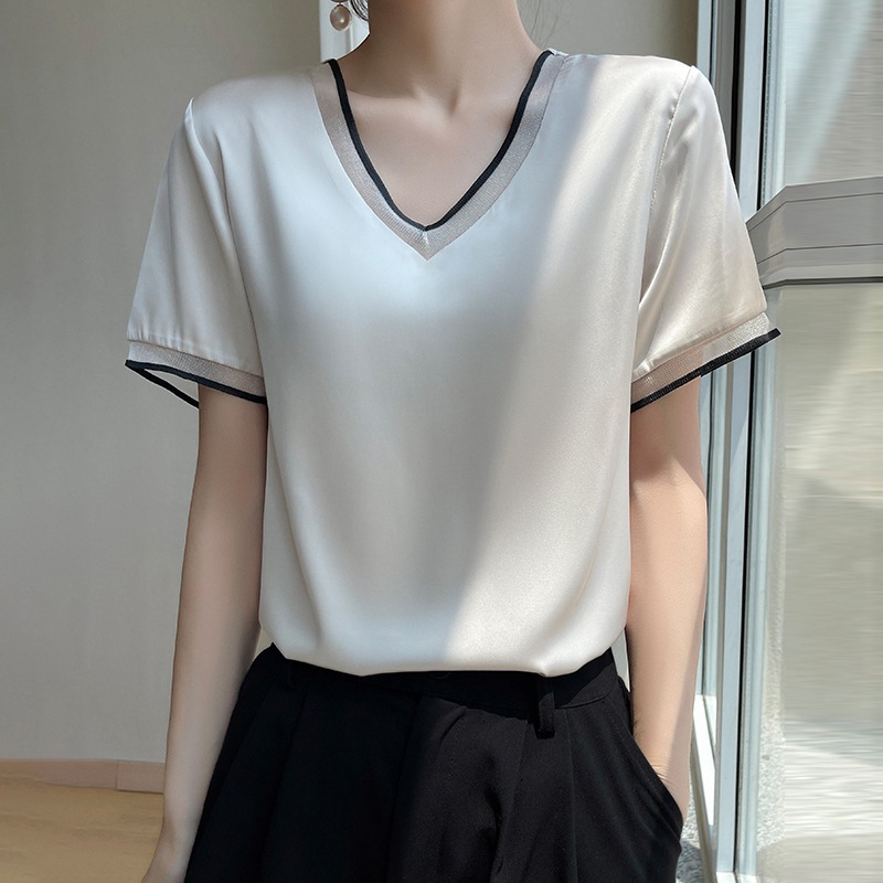 T-shirts d'été à manches courtes col en v soie Satin T-shirt solide mode femmes T-shirt sommets décontracté bureau dame T-shirt