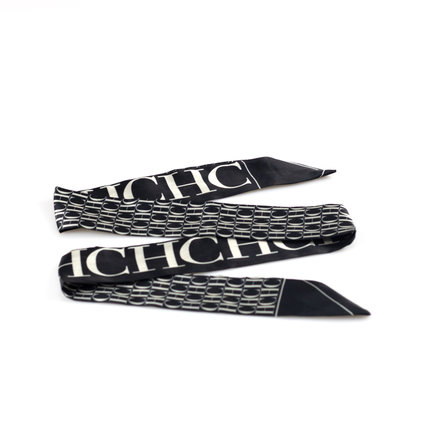 Écharpe en soie imprimée CH pour femme, noir et blanc, twilly, cravate, bandeau, accessoire de sac