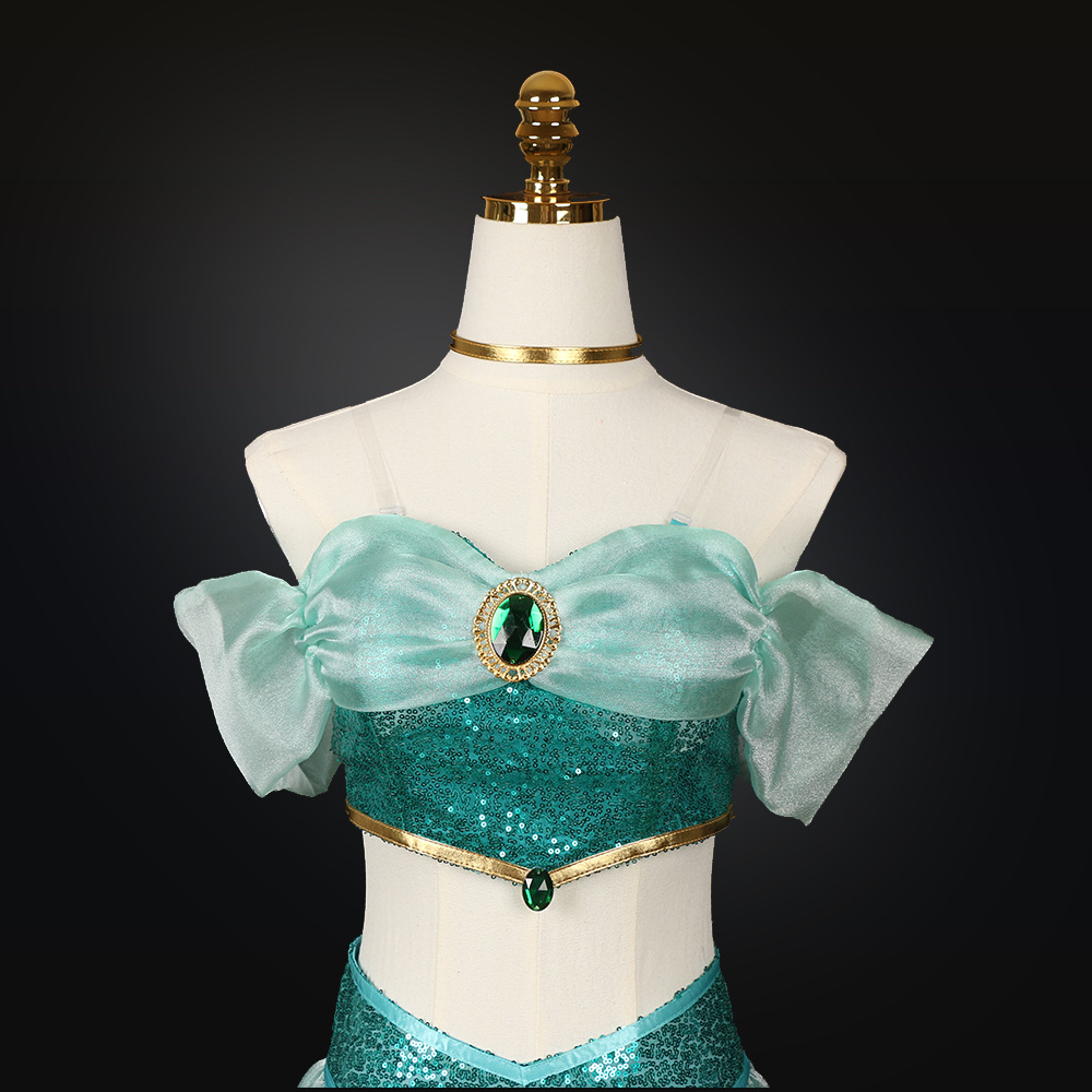 Costume de cosplay de la princesse Jasmine d'Aladdin pour femmes, robe arabe pour Noël, Halloween, carnaval, scène, tenue de fête à paillettes