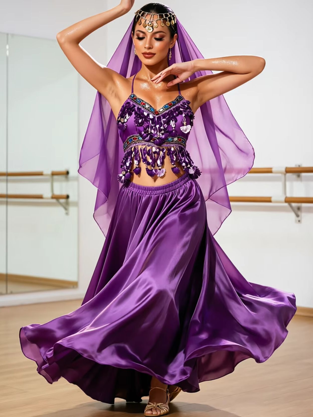 Ensemble de costumes de danse orientale pour femmes : haut court à franges perlées, jupe longue évasée en satin, voile de tête en mousseline – Idéal pour scène, style arabe et Bollywood