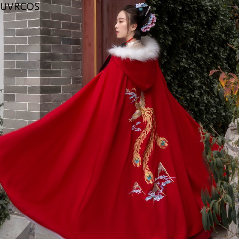 Cape Hanfu noire ancienne orientale pour femmes, Costume de princesse de Style chinois, manteau chaud à capuche brodé pour automne et hiver