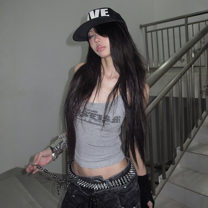Karrcat Trashy 2000s lettre impression débardeur japonais Y2k gris Camis hauts Grunge esthétique sans manches culture hauts américain rétro