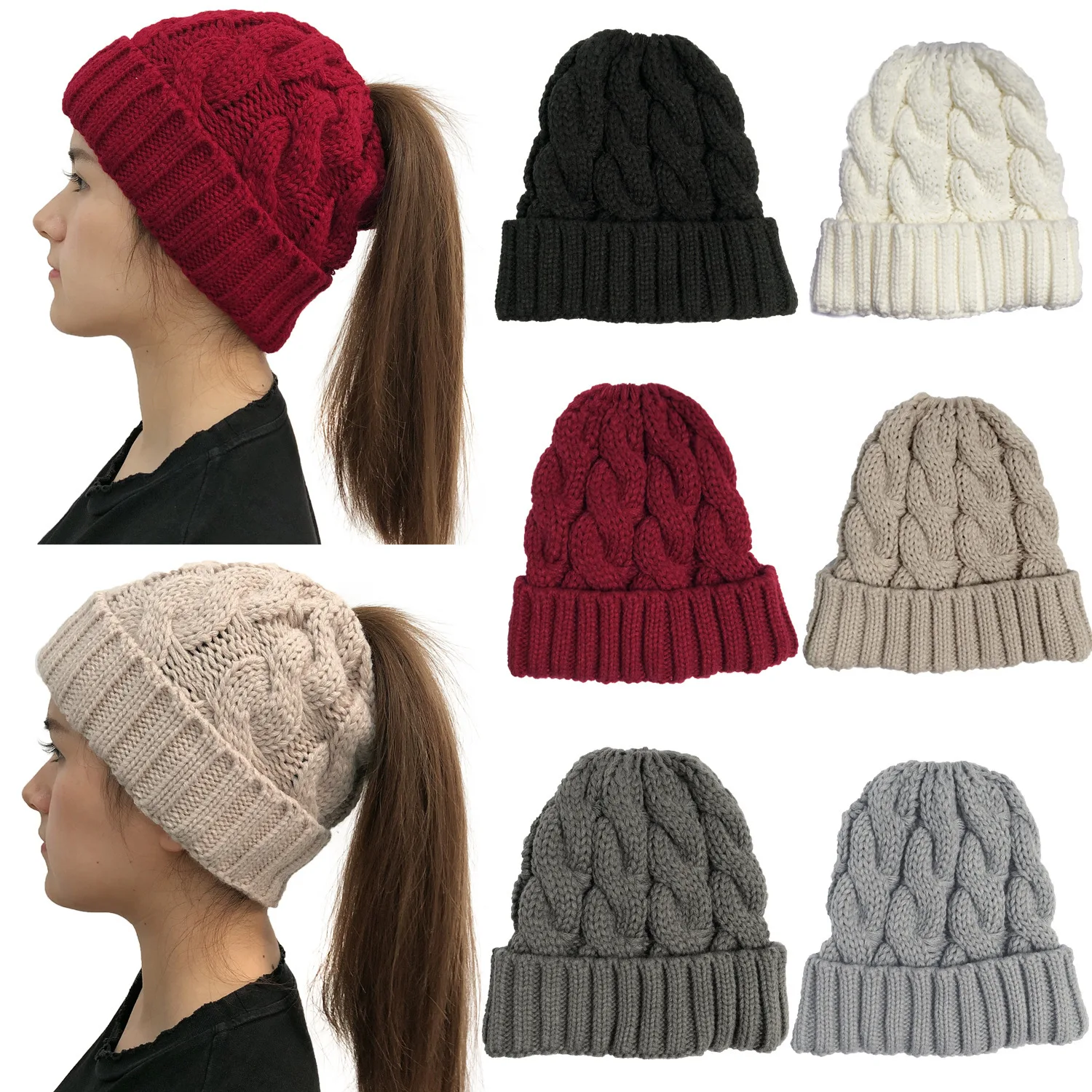 Femmes hiver chapeaux bonnets tricoté filles casquette torsion Crochet chapeaux d'hiver pour femme pompon Beanie oreille tresse queue de cheval chapeau Skullies