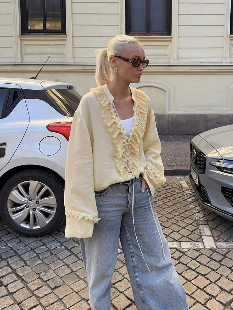 HH femmes élégant jaune volants à lacets Blouse jupes ensembles à manches longues col en V chemise plissée jupe Midi 2025 femmes tenues