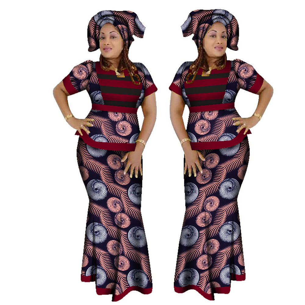 Ensemble 3 pièces de vêtements africains pour femmes, haut court à rayures et jupe avec écharpe de tête, Kanga africain, WY1210