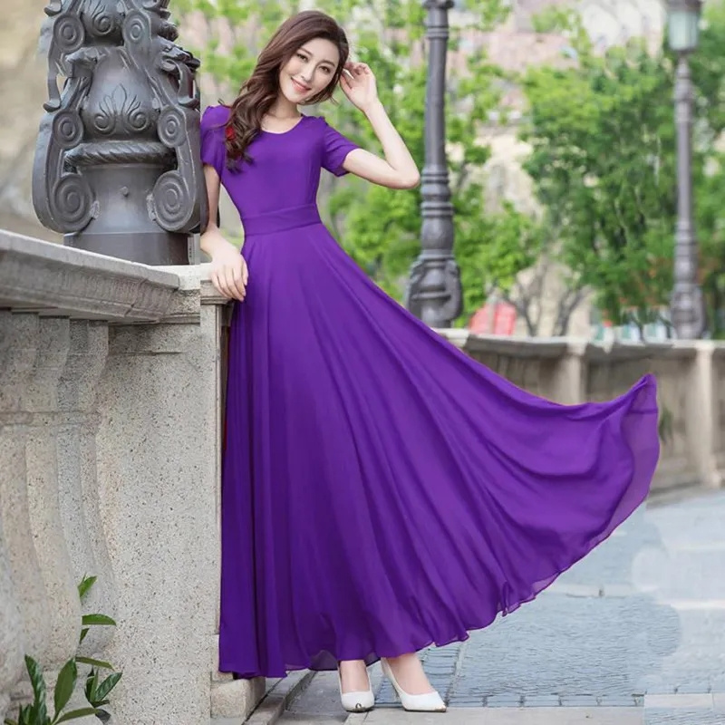 Nouvelle Robe Longue d'Été pour Femme 206, Style Coréen, en Chiffon, Coupe Ajustée, Jupe à Grand Ourlet Super Longue, Idéale Plage