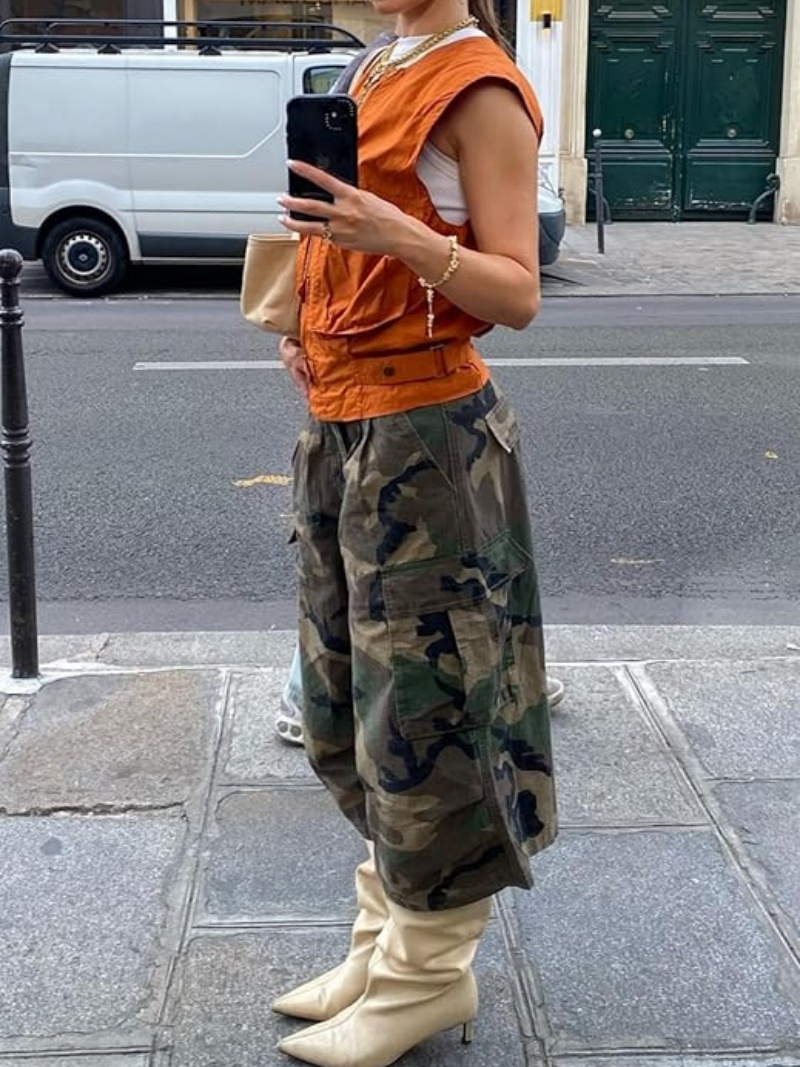 Pantalon Cargo de Camouflage pour femmes, Streetwear, vêtements d'été, taille haute, longueur mollet, jambes larges, décontracté, Capris
