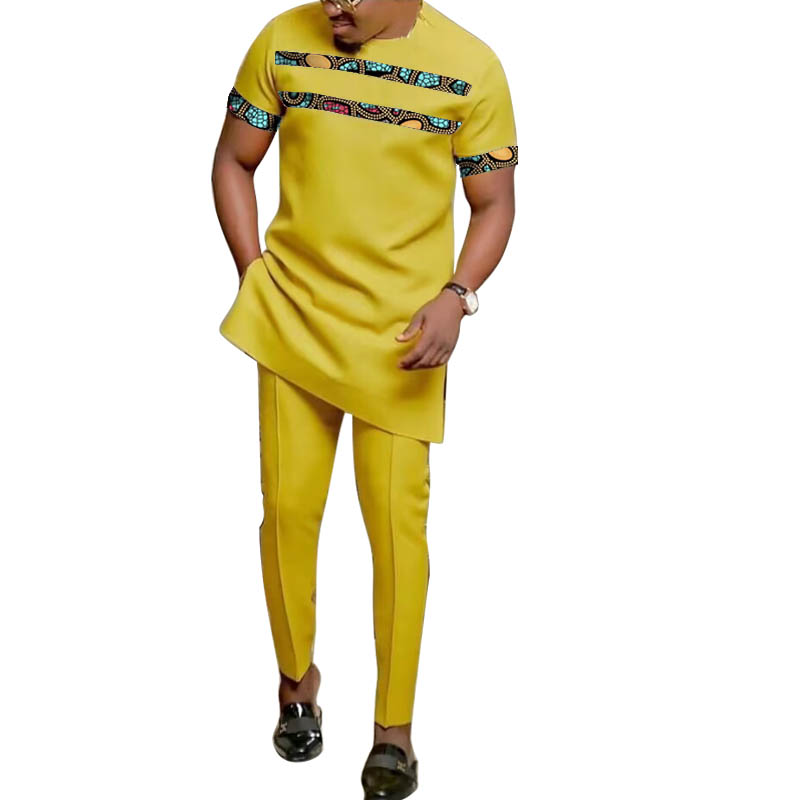 Mode africaine jaune hommes ensemble tenues à manches courtes hauts Patch pantalon nigérian imprimé mâle pantalon costumes tenue de fête personnalisé