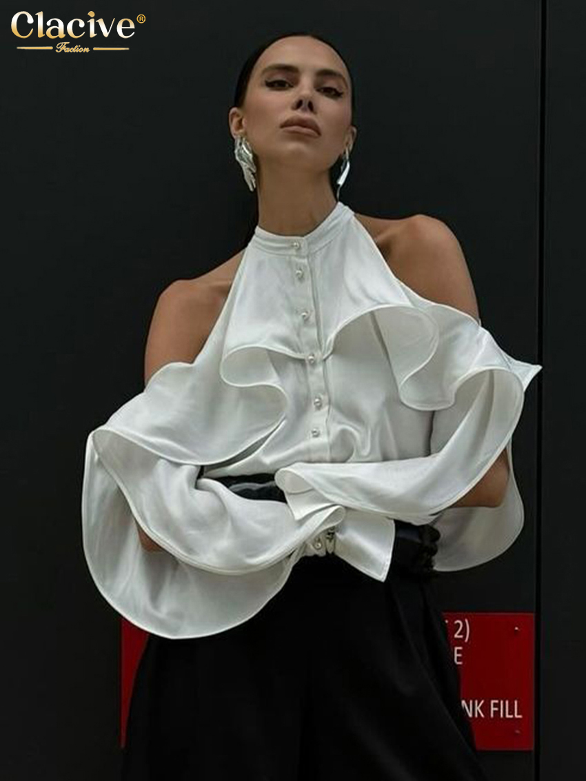 ClacMarkets-Chemise à manches longues à col rond pour femmes, haut à volants classique, vêtements féminins élégants, sexy, mode blanche