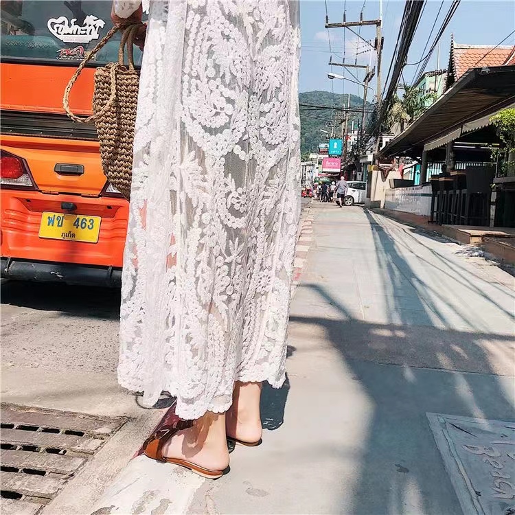 Robe de plage en dentelle blanche pour femmes, maxi, manches longues, cover-up, sexy, transparent, boho, bikini, vêtements de plage, été, 2024