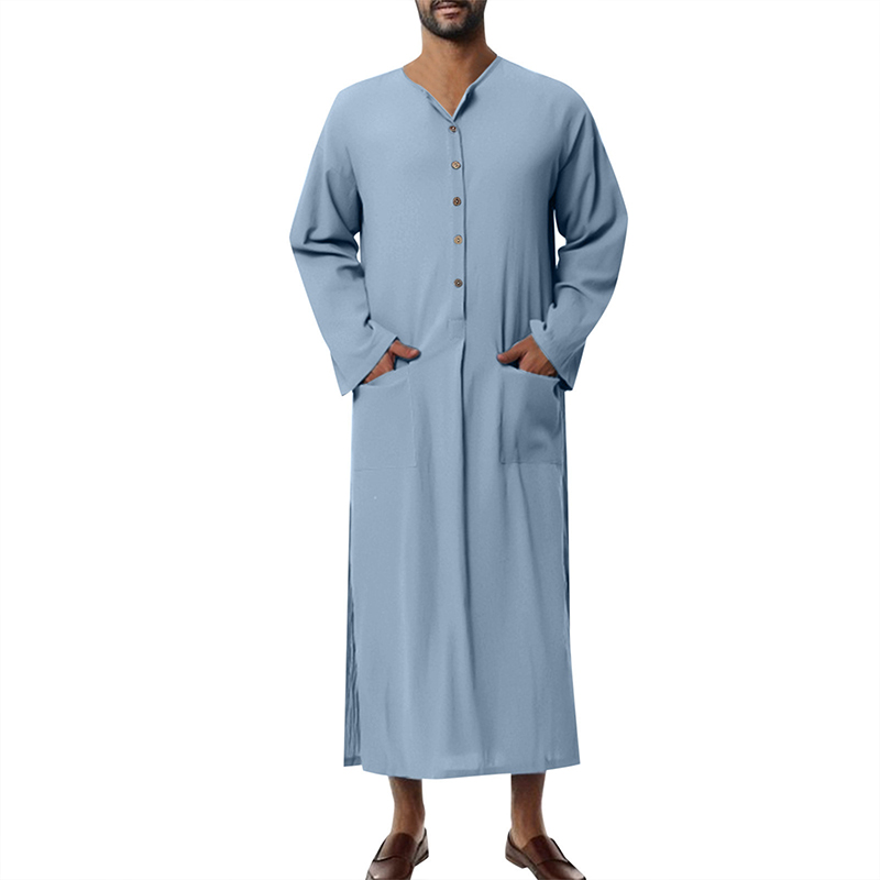 Robes musulmanes pour hommes, couleur unie, manches longues, poches en coton, boutonné, loisirs, Vintage, caftan arabe islamique, dubaï, nouveau