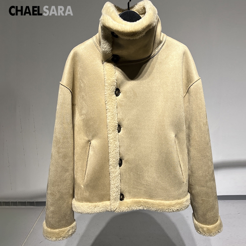 Veste d'hiver Double face pour femme, col montant, manches longues, chaude, fausse fourrure, vêtements d'extérieur