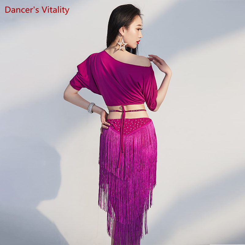 Costume d'entraînement de danse du ventre pour femmes, haut à manches courtes + jupe à franges, costume de spectacle de danse du ventre, tenue orientale féminine