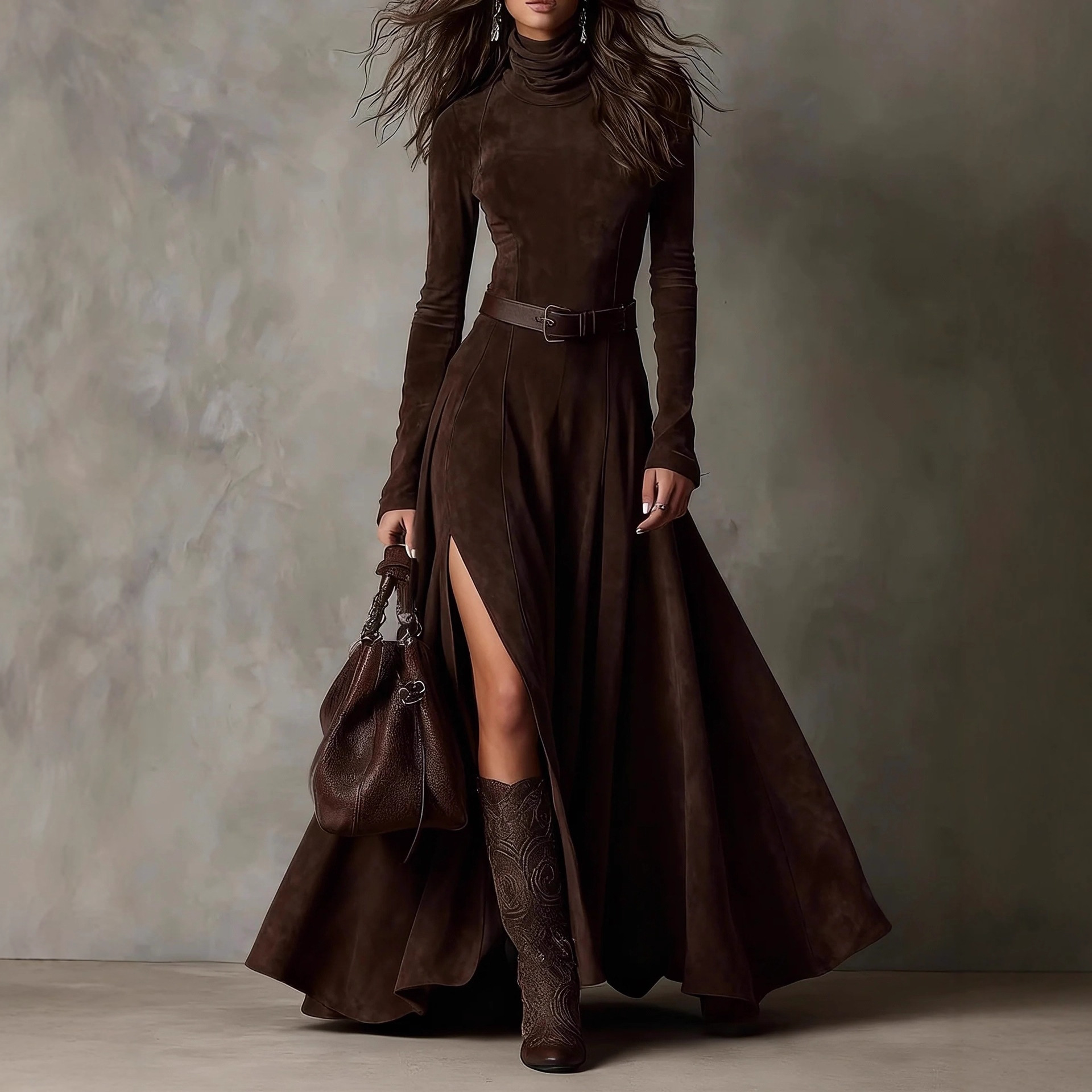 Robe élégante à manches longues et col montant pour femme, nouvelle collection 2026