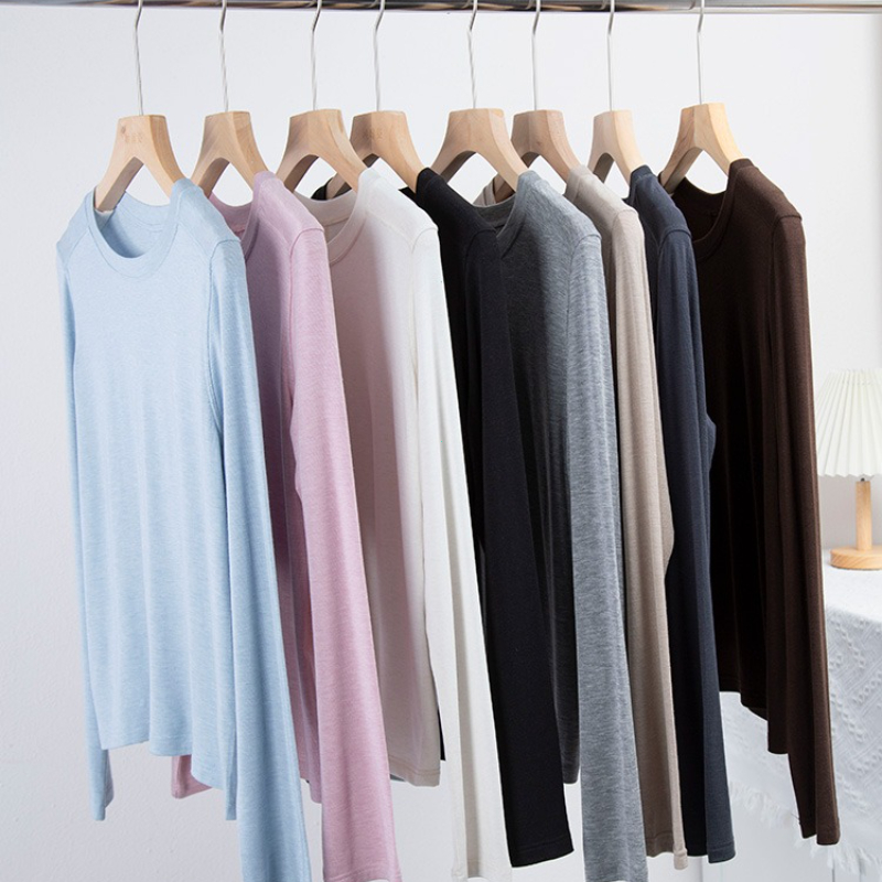 T-shirt à manches longues pour femmes, épissure de laine de soie, haut fin, doux, cireux, couleur unie, printemps été