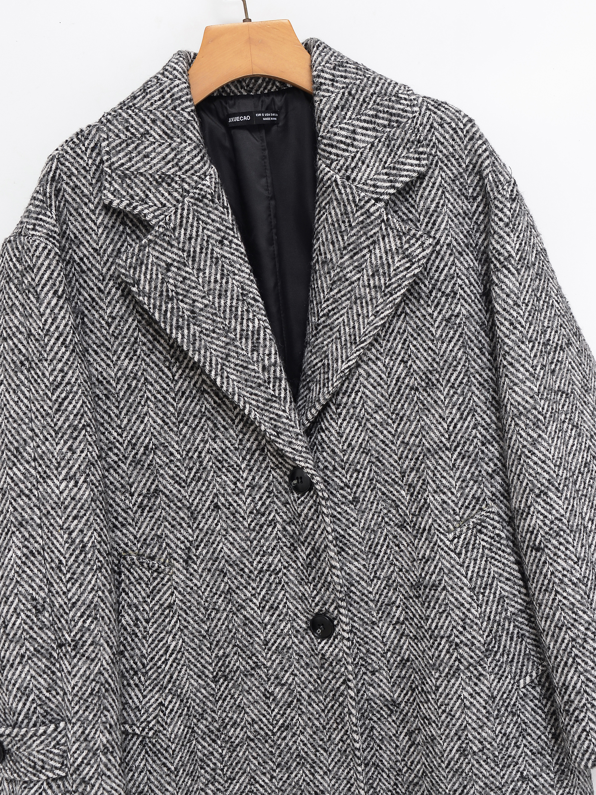 KONDALA femmes trajet chevrons motif manteau automne hiver revers boutons Midi manteau 2025 mode femme décontracté gris Long manteau