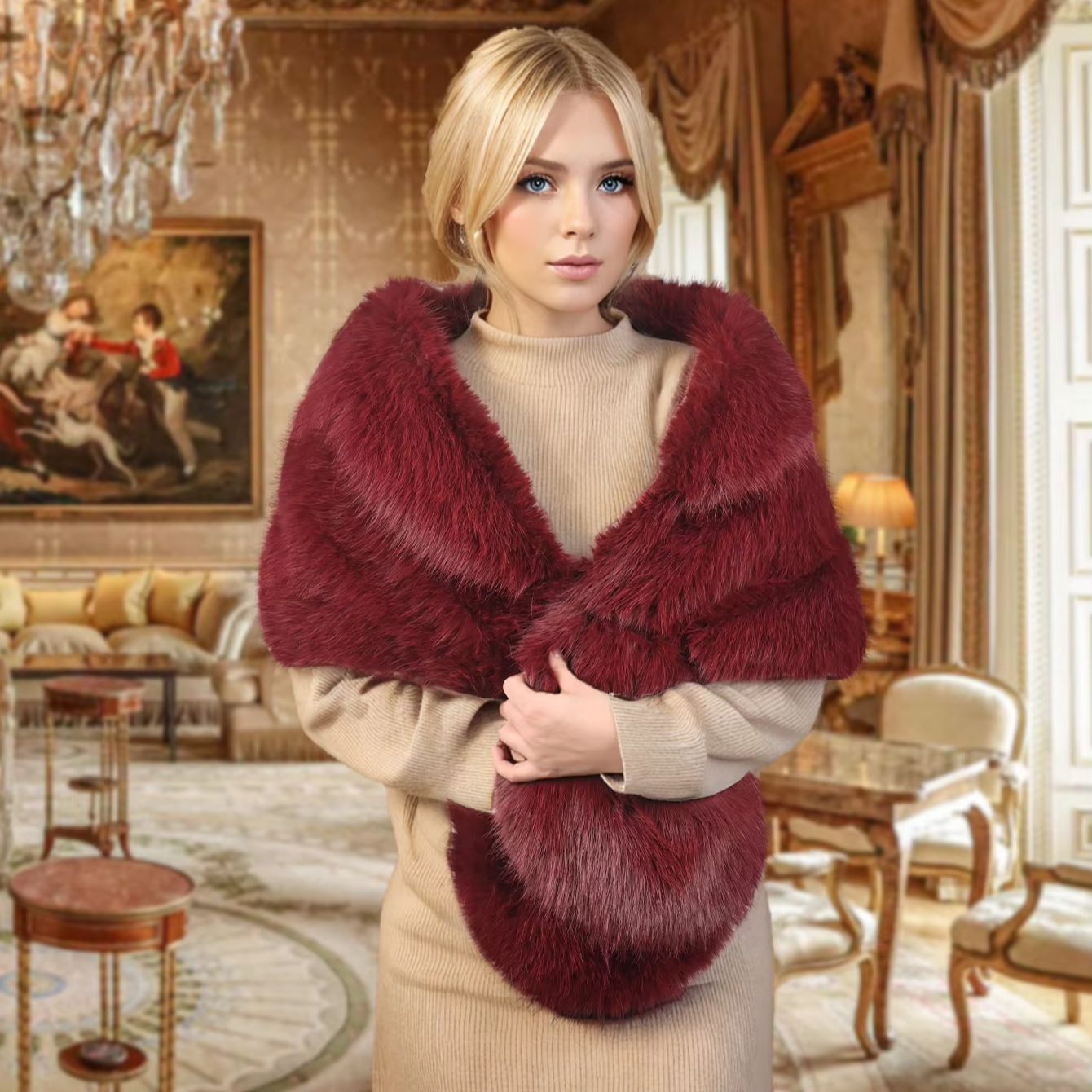 Un châle pour femme en fausse fourrure de renard en polyester fait main, idéal pour les mariages, les fêtes et les rassemblements, un accessoire chaud et élégant