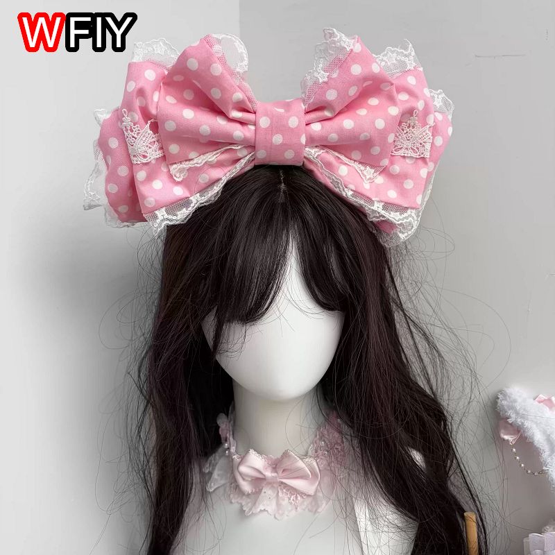 Serre-tête original fait main à pois rose clair à trois couches, style Lolita, pour fête du thé, accessoire de cheveux grande taille KC