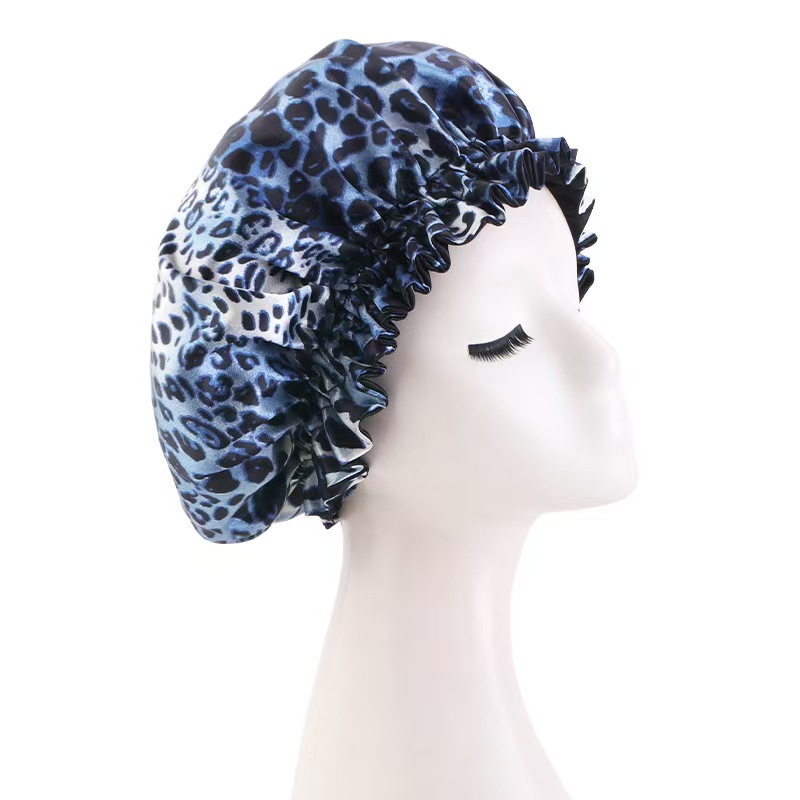 Bonnet de nuit en Satin imprimé léopard pour femmes, Double couche, Bonnet soyeux, bande élastique réglable, casquette de sommeil pour cheveux longs, nouvelle collection