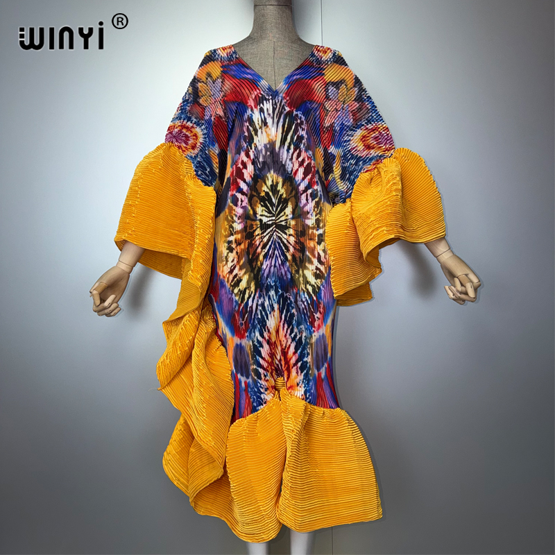 WINYI Robe plissée bohème élastique et ajustée pour femmes musulmanes, tenue de plage, kaftan, abaya, Dubai, luxe, longue, pour les vacances et les soirées