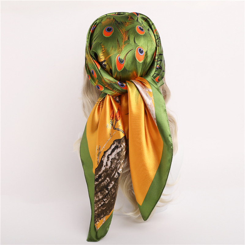 90*90 cm Hijab foulards femmes mode paon motif impression écharpe femme carré châles tête dames Bandanna Foulard silencieux fille