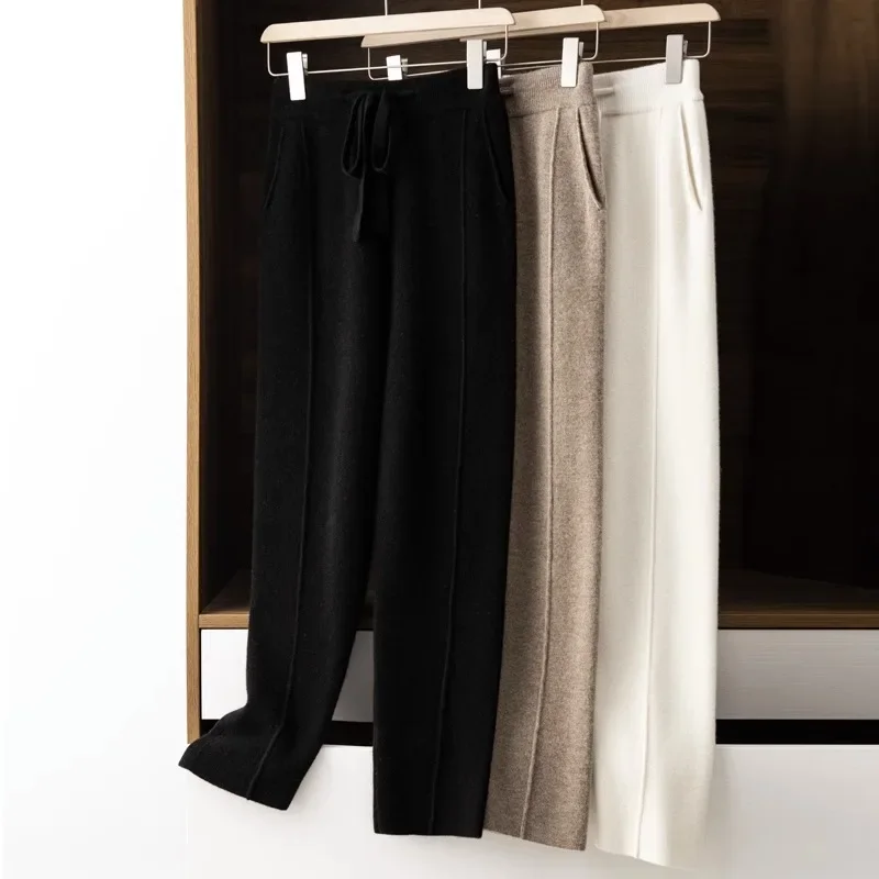 Pantalon de survêtement en cachemire pour femme, nouvelle mode, taille haute, cordon de serrage, décontracté, tricoté, sarouel, automne hiver 2023