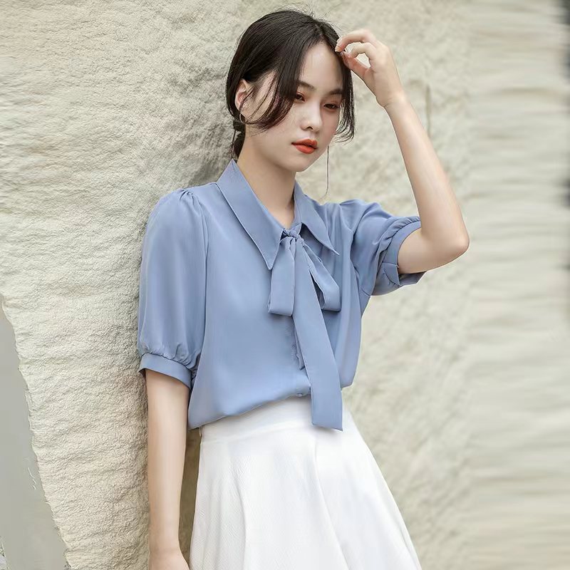 Chemisier Vintage Élégant en Mousseline de Soie pour Femme, Chemises Décontractées à Manches Courtes, Vêtements de Travail Solides, Nouvelle Collection Été 2024