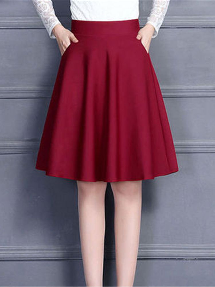 Jupe Femme Taille M-3XL Plissée Poches Solides Taille artificiel astique Jupe Moyenne ChimAll-match Office Lady Respectueux de la Peau Élégant