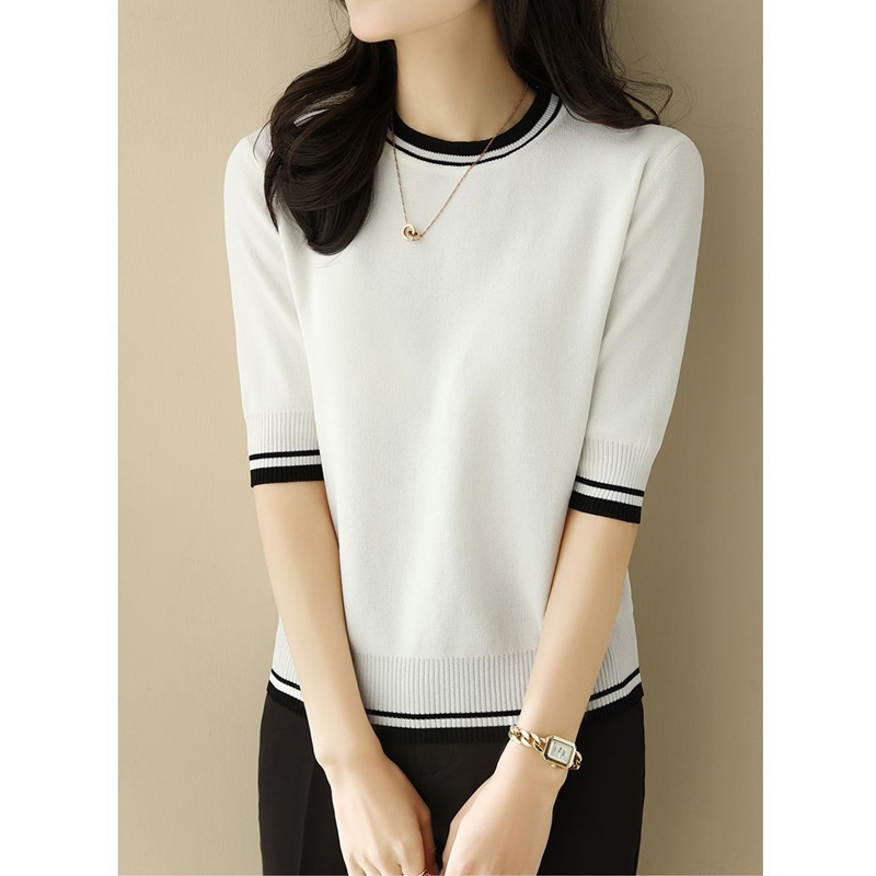Vêtements pour femmes 2024 mode d'été contraste couleur élégant doux tricoté T-shirts décontracté col rond demi manches hauts pullover amples