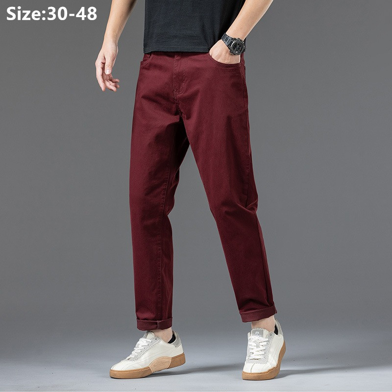 Pantalon en coton pour hommes, grande taille 48 46 44 42, élastique, vin, rouge, bleu, noir, pantalon décontracté, ample, extensible, chinois, droit, vêtements masculins