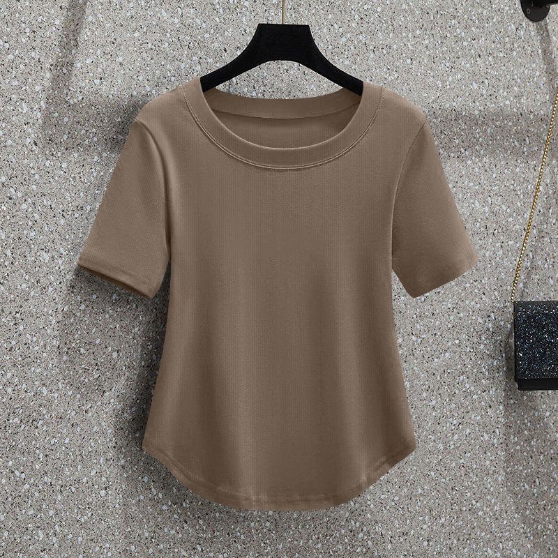 T-shirt coréen pour femme à col rond, doux, cintré, à manches courtes, couleur unie, respirant et léger