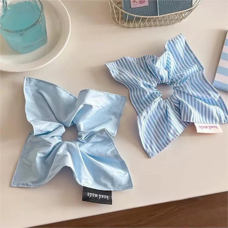 Élégant foulard carré en coton doux rayé bleu et blanc, attache-cheveux – Convient aux coiffures chignon et queue de cheval basse