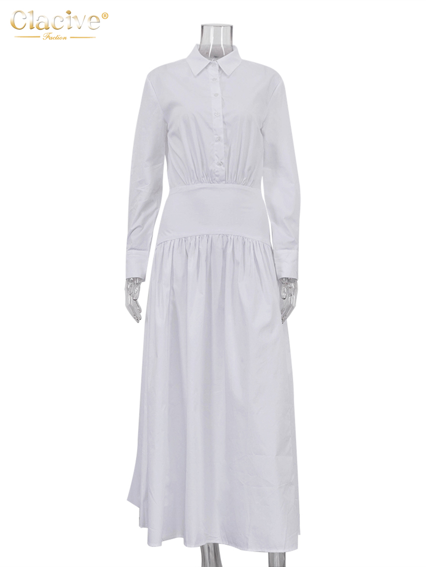 ClacMarkets-Robe décontractée en coton blanc pour femme, manches longues, longueur de rinçage, revers élégant, robe femme classique, mode adt, 2025