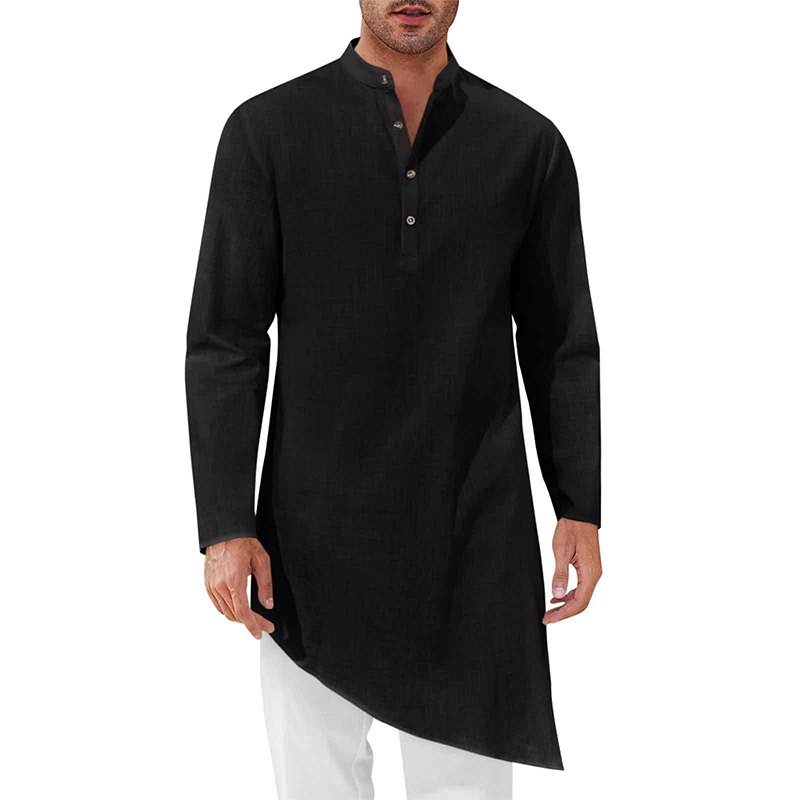 Chemises à manches longues pour hommes musulmans, col mandarin, ourlet irrégulier, couleur unie, vêtements décontractés de style Dubaï, abaya islamique, vêtements ethniques, tailles S-3XL