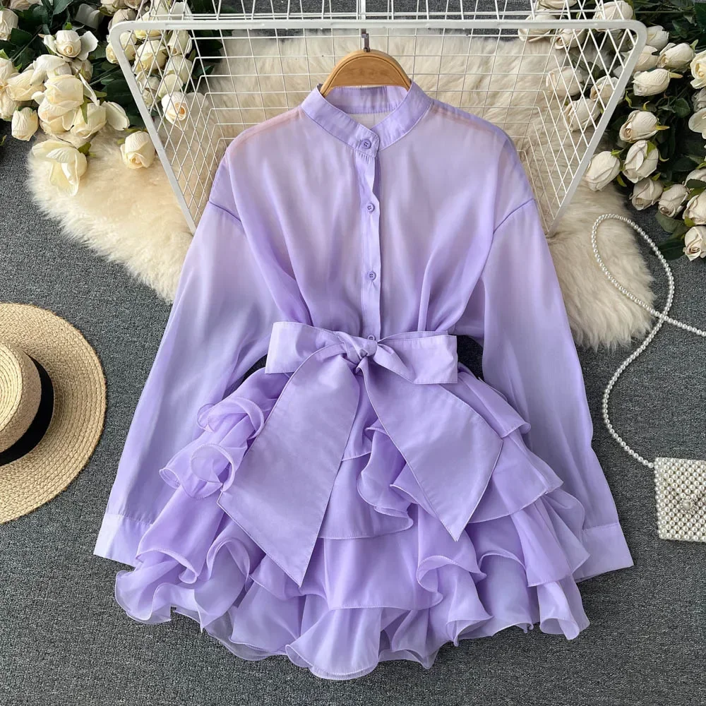 Chemise Longue en Mousseline de Soie pour Femme, Chemisier Élégant, Chic, à Manches sulf, Col Rond, Couleur Unie, Printemps
