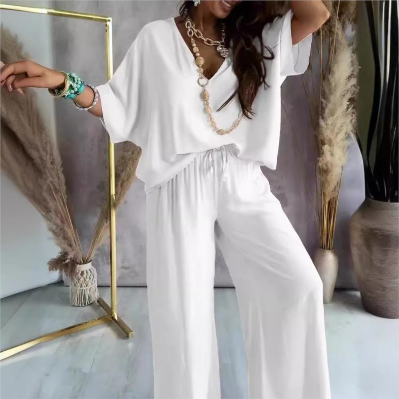 Ensembles de pantalons à jambes larges pour femmes, col en V, manches chauve-souris, tenues de maison monochromes, décontracté, été, 2024, 2 pièces