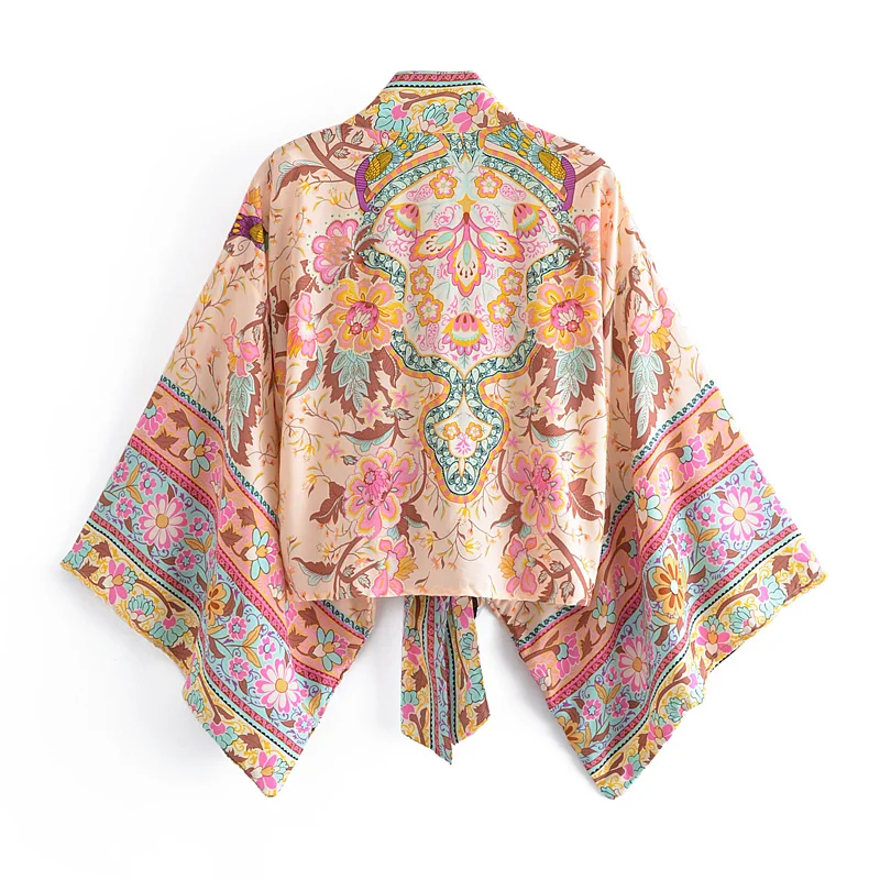 Boho Queens Vintage imprimé fleuri ceintures court Kimono femmes nouvelle mode col en V manches chauve-souris dames Robe de plage couvertures