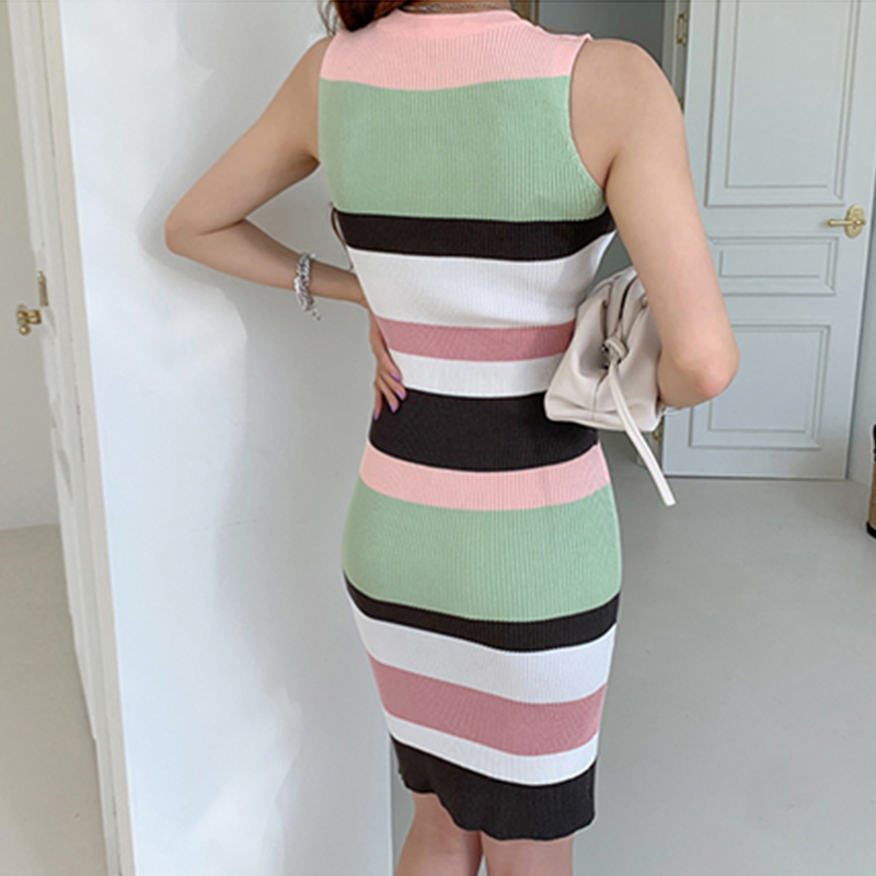 H Han Queen – robe tricotée sans manches pour femme, tenue élégante, à rayures, extensible, moulante, tenue de travail, crayon, automne