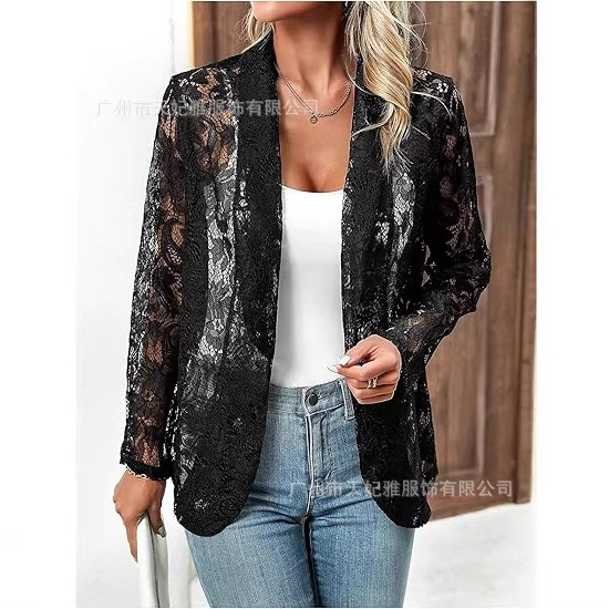 Nouvelle veste-cardigan élégante pour femme printemps/été, style petit tailleur, couleur unie, dentelle ajourée, manches longues, col à revers, chemise-veste Soat